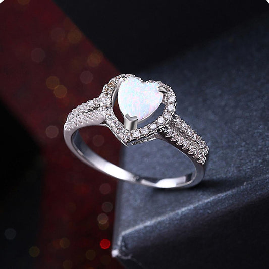 White Opal Heart Shaped Ring 18K White Gold